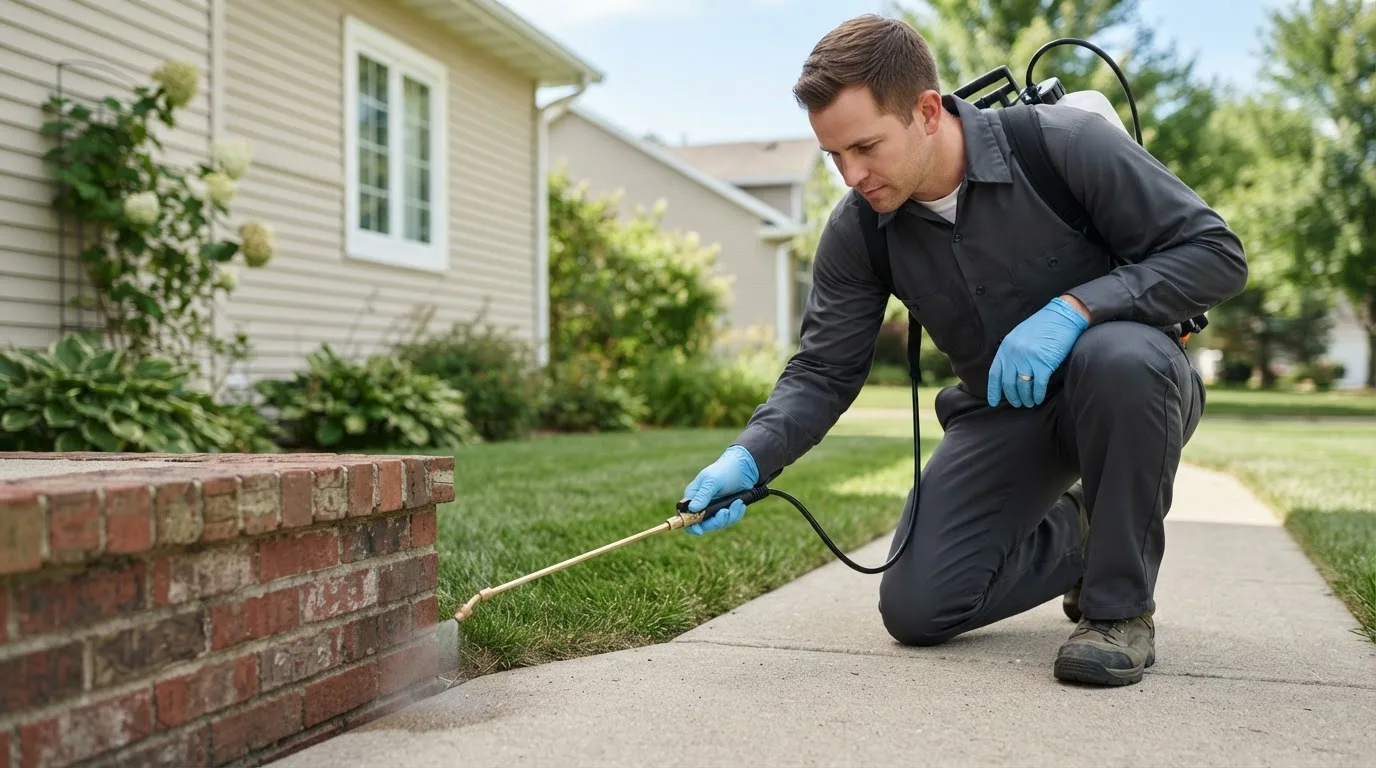 Pest control technician treating a home near Hilmar, CA